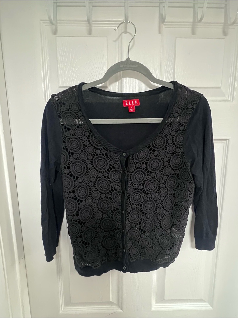 ELLE Black Crochet-Front Cropped Women's Cardigan Size M